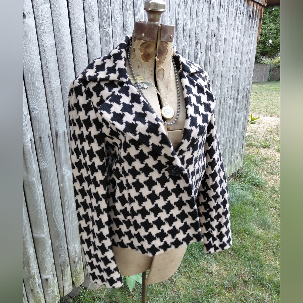 Nine West tan & black wool houndstooth print blazer jacket Womens 2